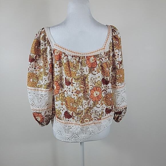 Rachel Zoe Top S Paisley Print Crochet Balloon Sleeve Cropped Linen Peasant - Picture 9 of 15